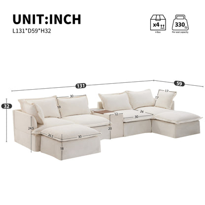 Divano componibile a U Roomfitters con pouf, consolle e portabicchieri, divano in ciniglia a 6 posti con caricabatterie USB