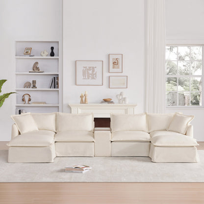 Divano componibile a U Roomfitters con pouf, consolle e portabicchieri, divano in ciniglia a 6 posti con caricabatterie USB