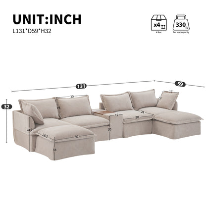 Divano componibile a U Roomfitters con pouf, consolle e portabicchieri, divano in ciniglia a 6 posti con caricabatterie USB