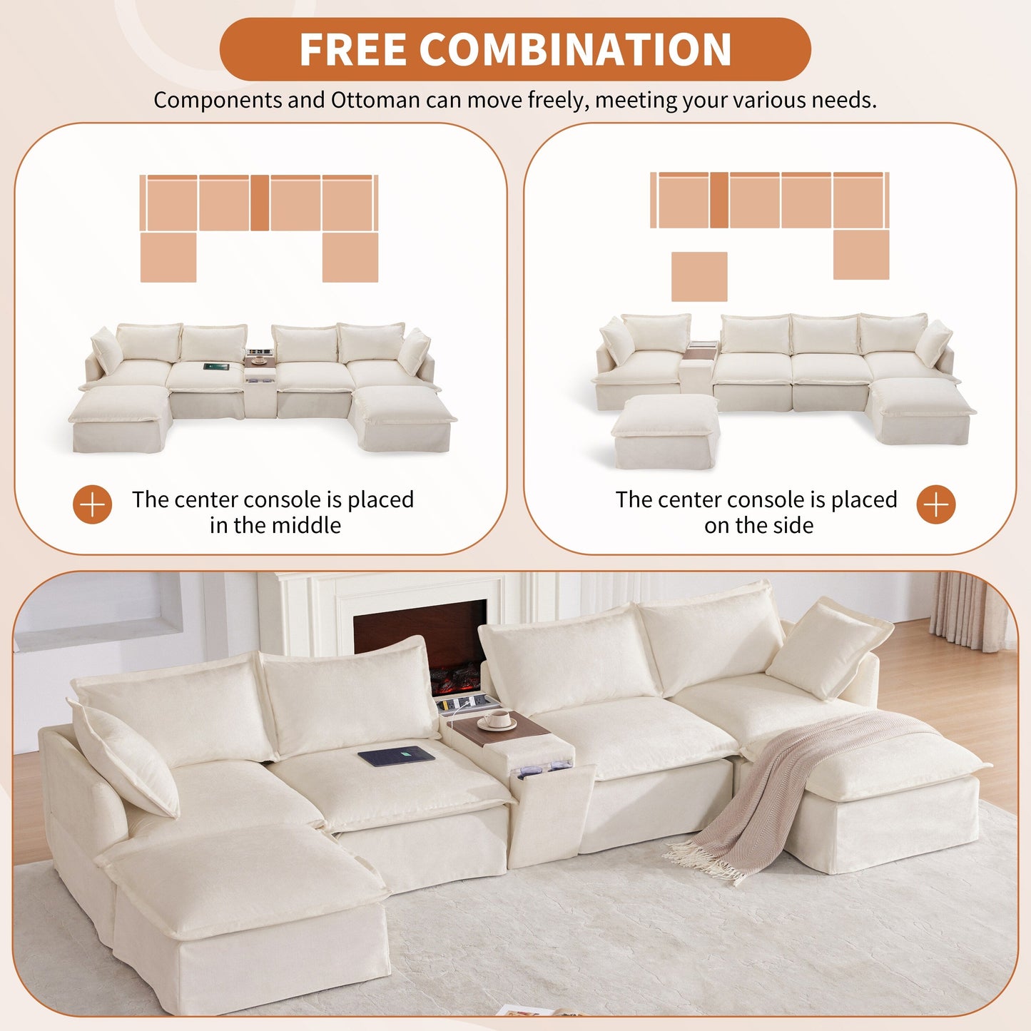 Divano componibile a U Roomfitters con pouf, consolle e portabicchieri, divano in ciniglia a 6 posti con caricabatterie USB