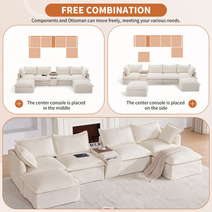 Divano componibile a U Roomfitters con pouf, consolle e portabicchieri, divano in ciniglia a 6 posti con caricabatterie USB