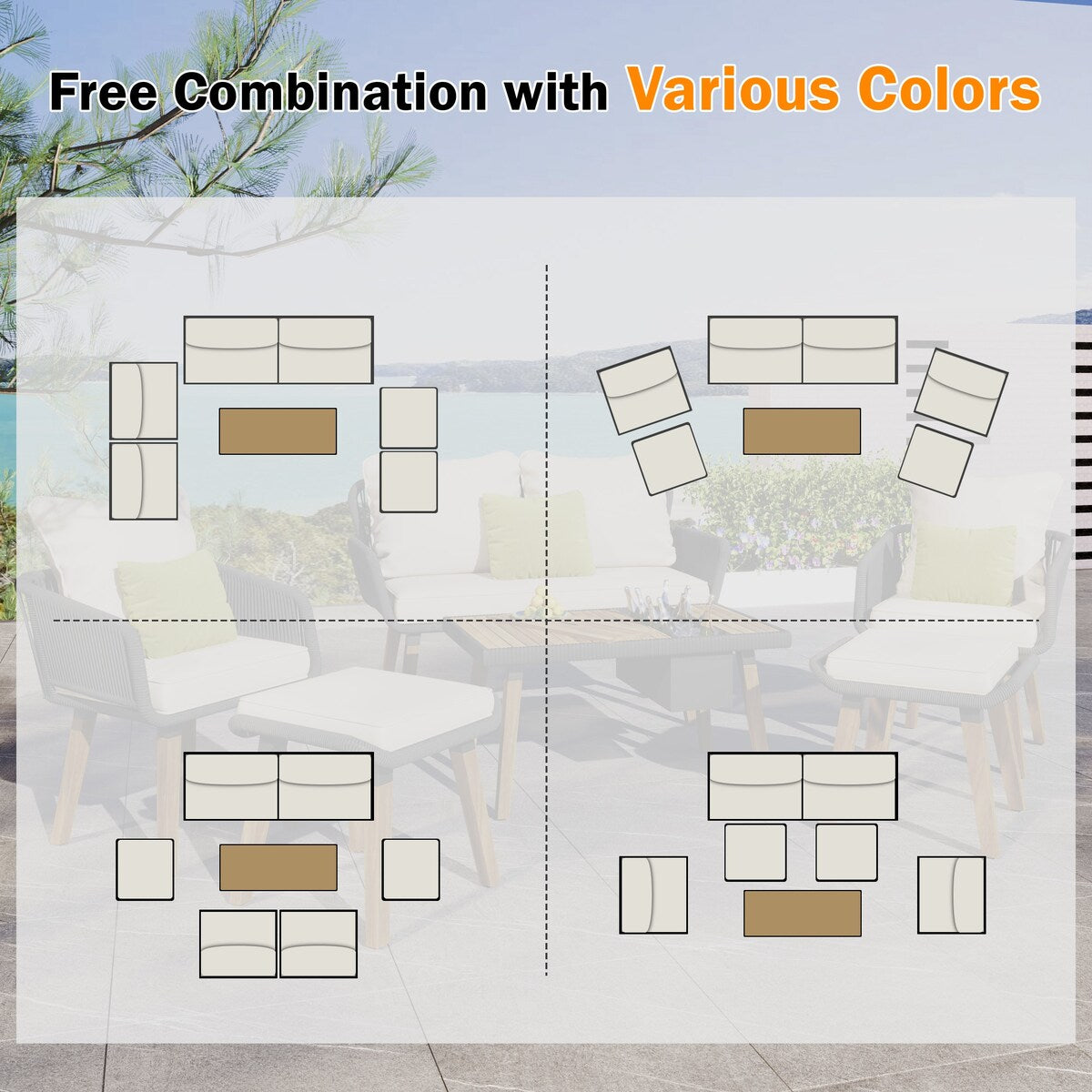 Set da esterno in corda intrecciata: mobili da giardino in legno di acacia con secchiello per il ghiaccio, 6 pezzi