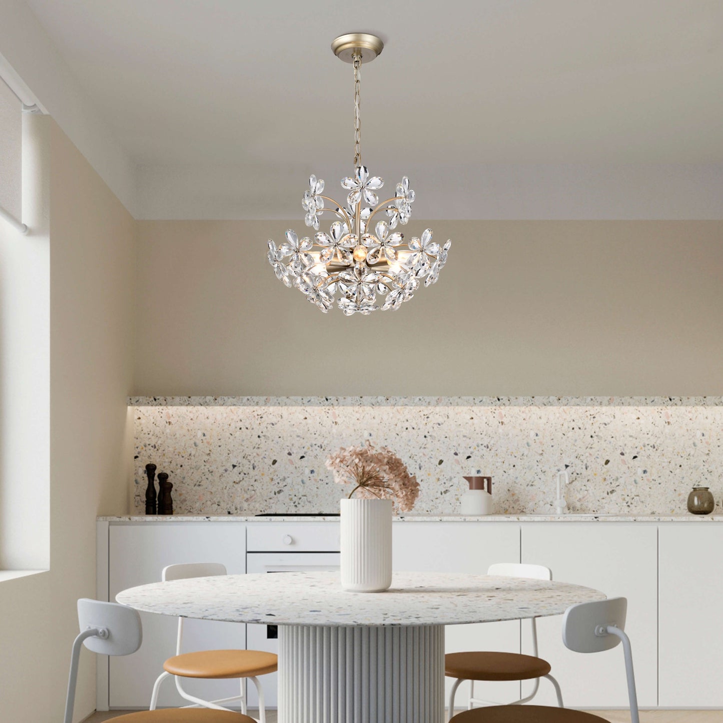 Lampadario in cristallo a 6 luci Rosa color argento spazzolato e champagne