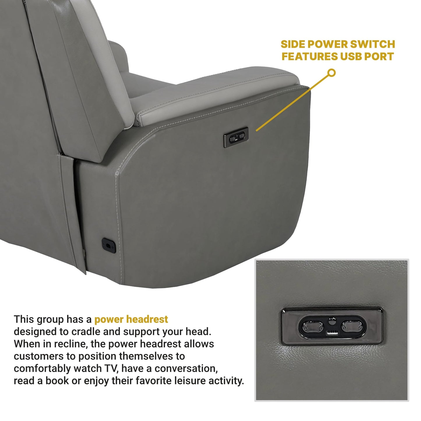 Poltrona reclinabile elettrica Rosalyn Zero Gravity in pelle argento e grigia con poggiatesta elettrico