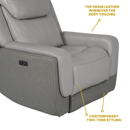 Poltrona reclinabile elettrica Rosalyn Zero Gravity in pelle argento e grigia con poggiatesta elettrico