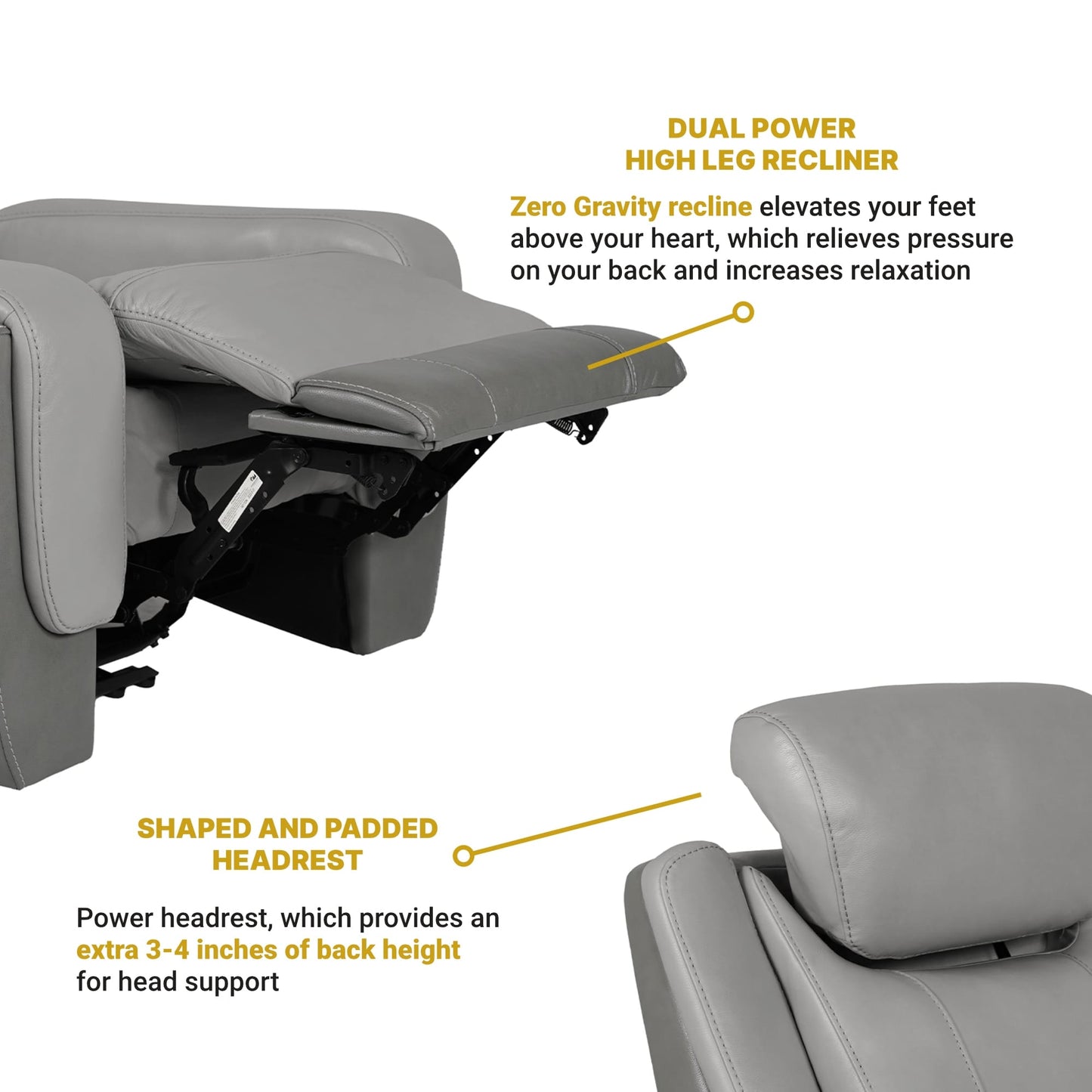 Poltrona reclinabile elettrica Rosalyn Zero Gravity in pelle argento e grigia con poggiatesta elettrico