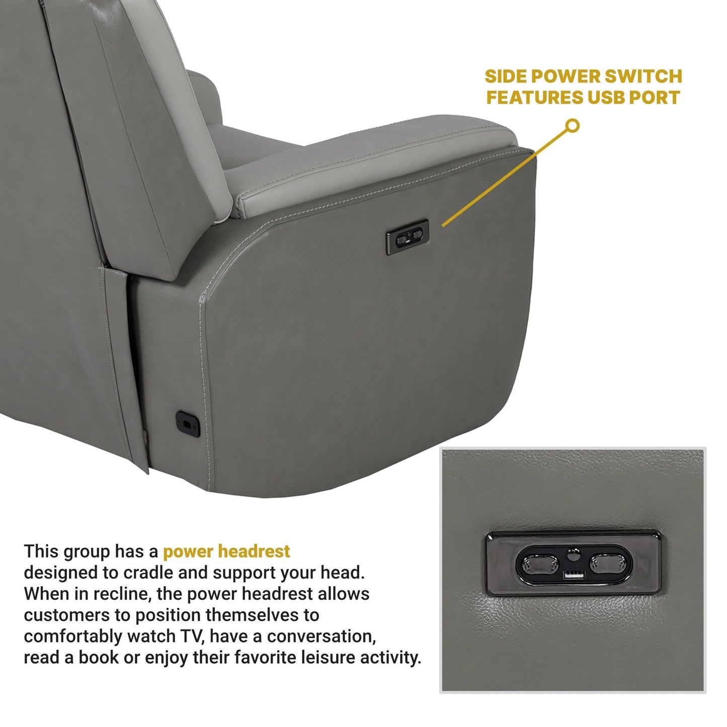 Poltrona reclinabile elettrica Rosalyn Zero Gravity in pelle argento e grigia con poggiatesta elettrico