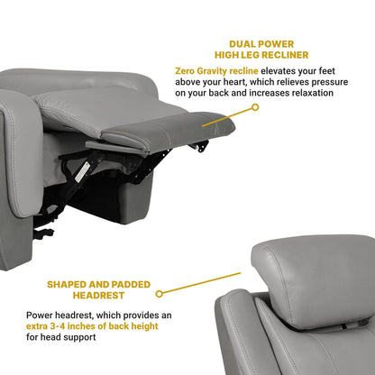 Poltrona reclinabile elettrica Rosalyn Zero Gravity in pelle argento e grigia con poggiatesta elettrico