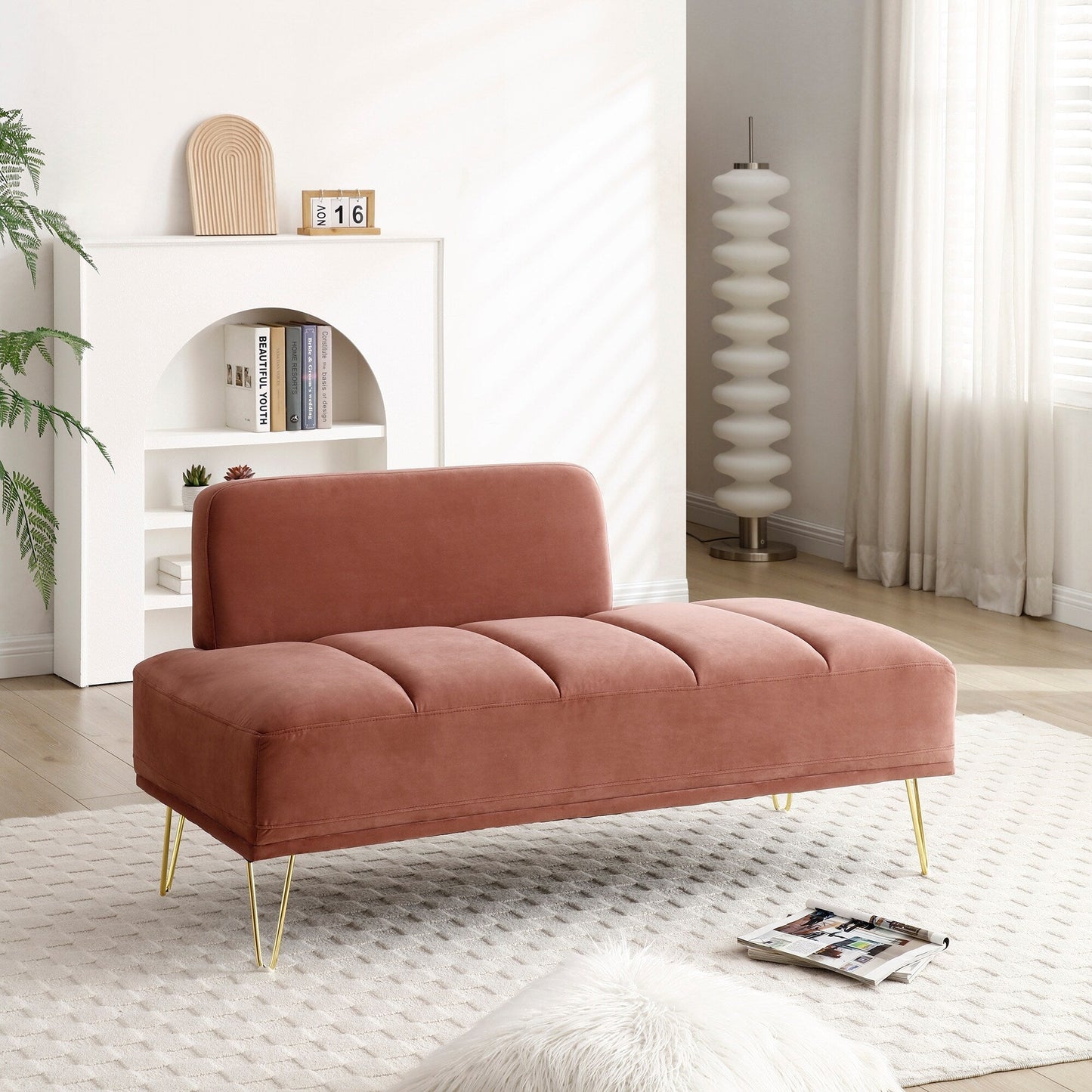 Divano a due posti imbottito Rose Modern 56.3 con gambe in metallo dorato per camera da letto