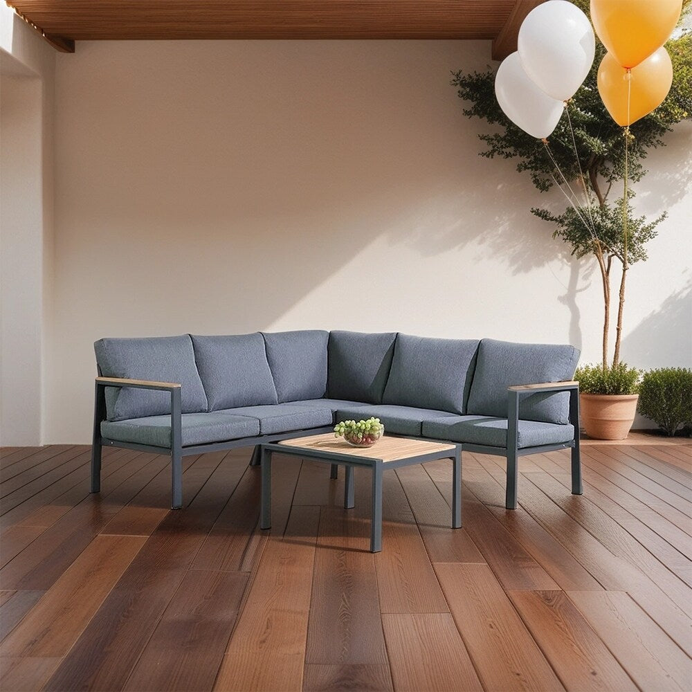 Set da conversazione Rossio Outdoor da 4 pezzi, struttura in alluminio e piano in legno di teak a doghe
