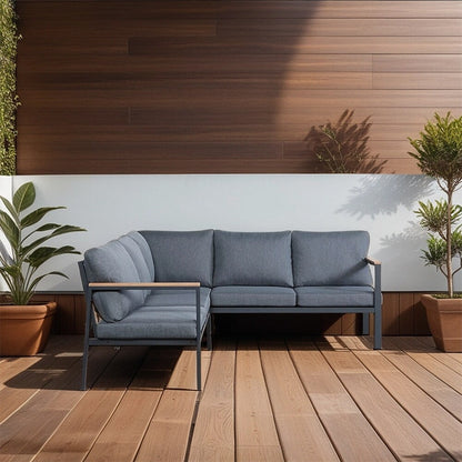 Set da conversazione Rossio Outdoor da 4 pezzi, struttura in alluminio e piano in legno di teak a doghe