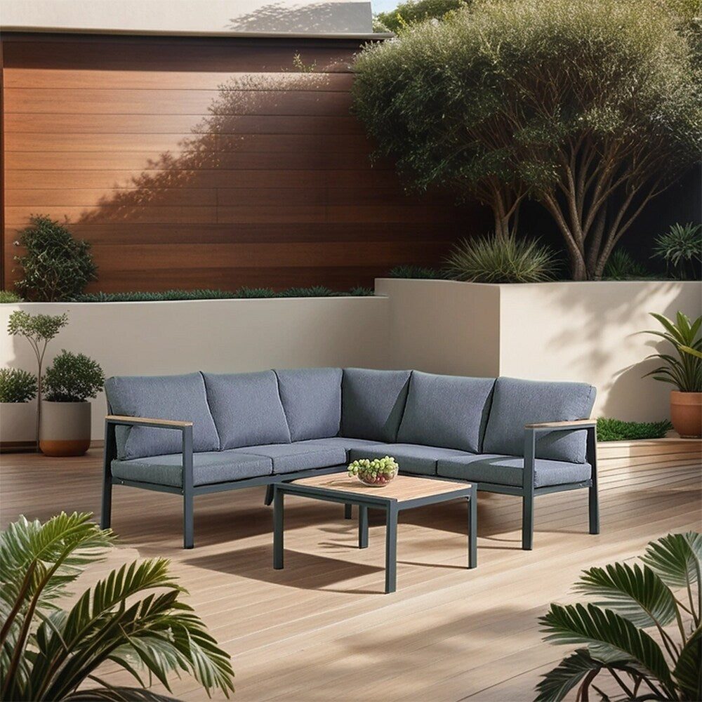 Set da conversazione Rossio Outdoor da 4 pezzi, struttura in alluminio e piano in legno di teak a doghe