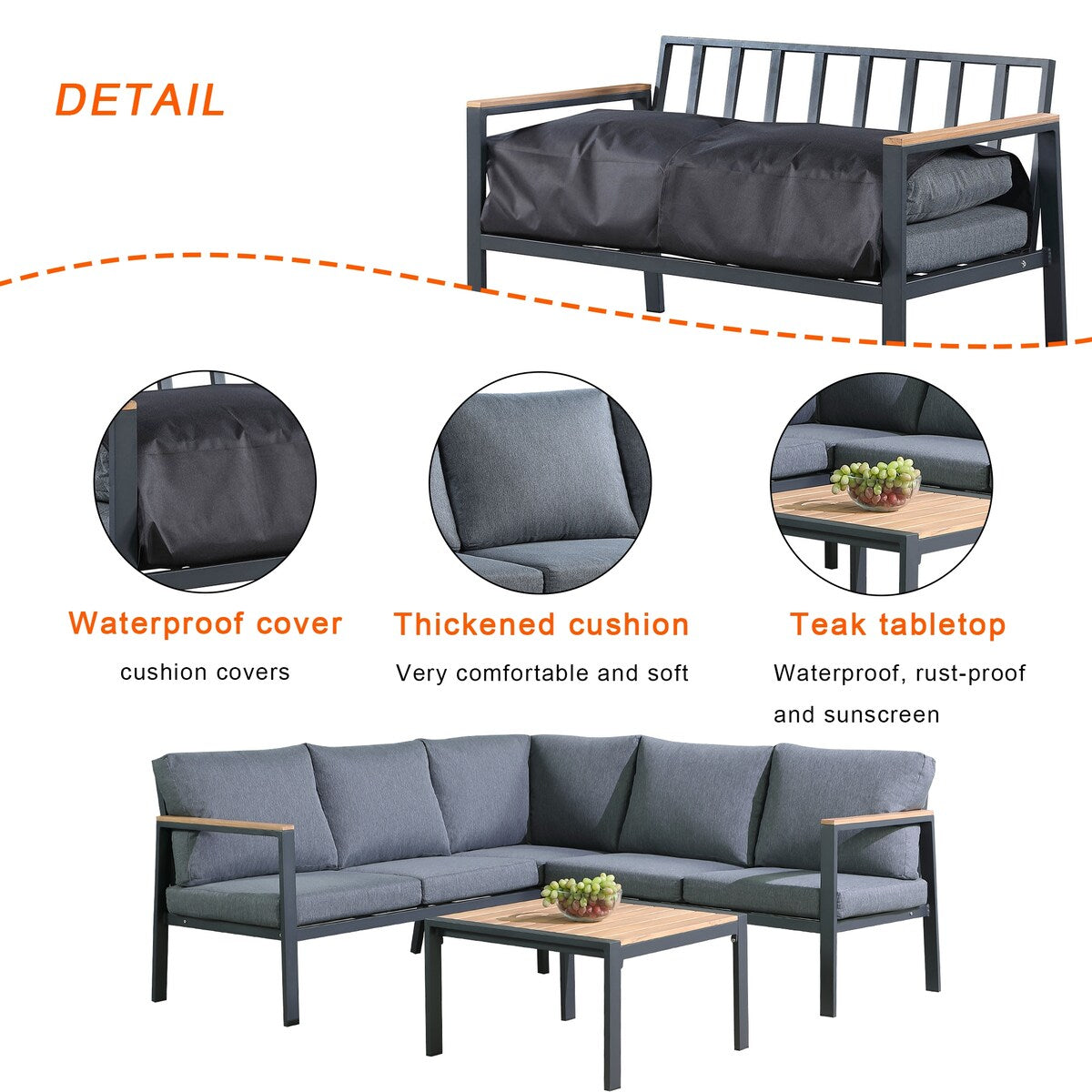 Set da conversazione Rossio Outdoor da 4 pezzi, struttura in alluminio e piano in legno di teak a doghe