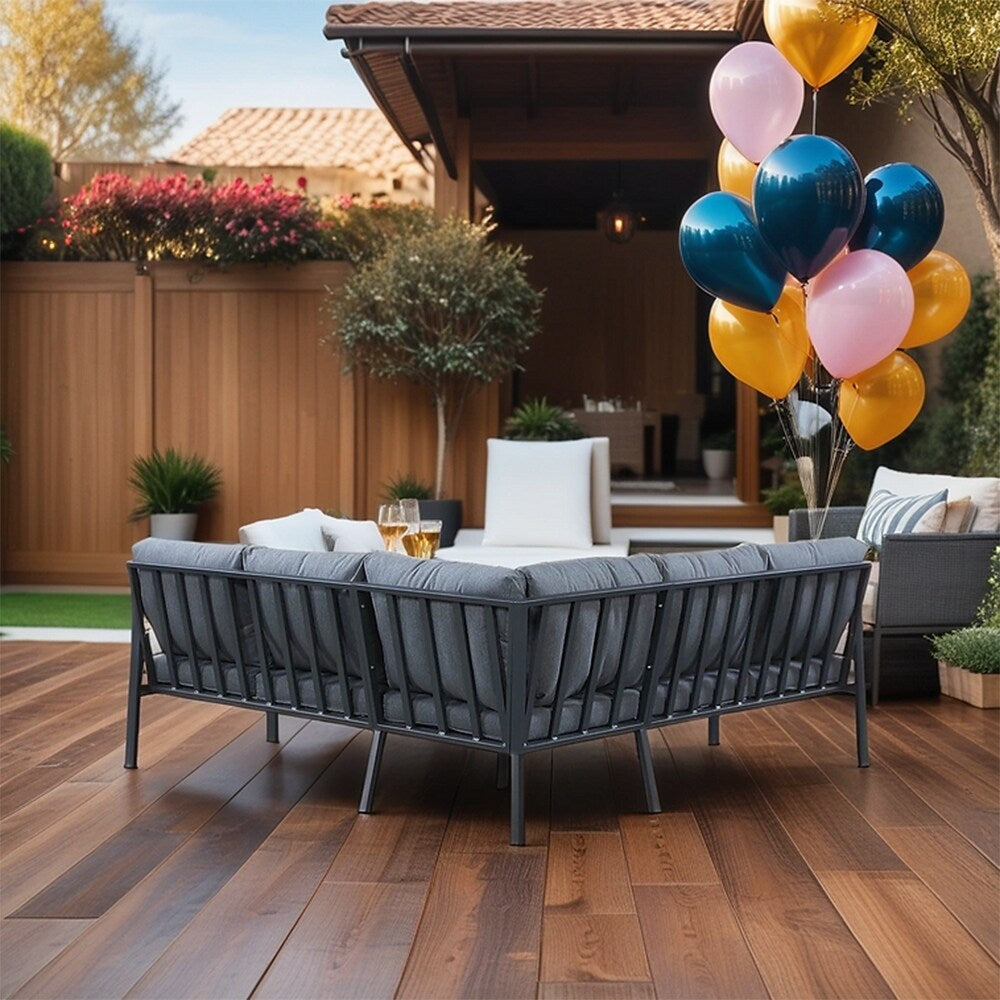 Set da conversazione Rossio Outdoor da 4 pezzi, struttura in alluminio e piano in legno di teak a doghe