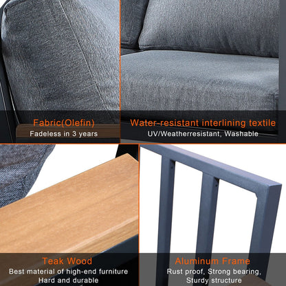 Set da conversazione Rossio Outdoor da 4 pezzi, struttura in alluminio e piano in legno di teak a doghe