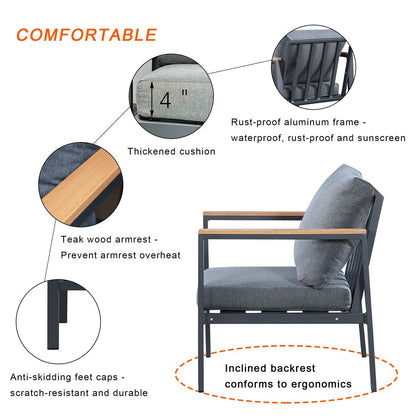 Set da conversazione Rossio Outdoor da 4 pezzi, struttura in alluminio e piano in legno di teak a doghe