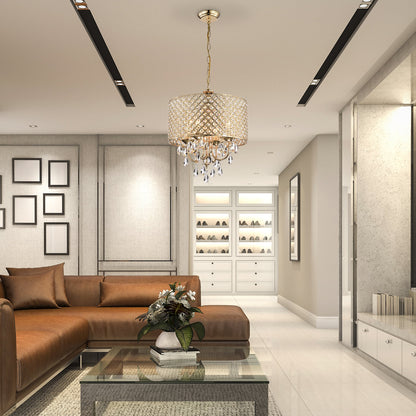 Lampadario a tamburo con perline rotonde e cristalli pendenti