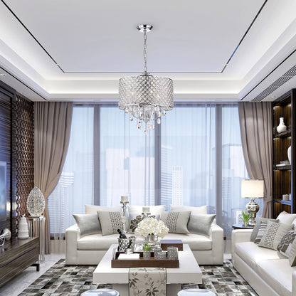 Lampadario a tamburo con perline rotonde e cristalli pendenti