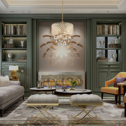 Lampadario a tamburo con perline rotonde e cristalli pendenti