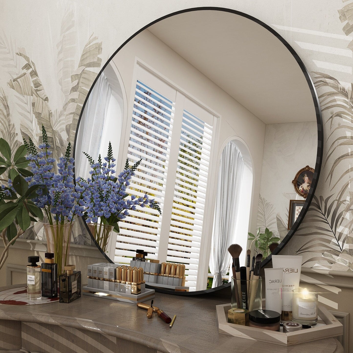 Specchio da parete per bagno con cornice nera rotonda