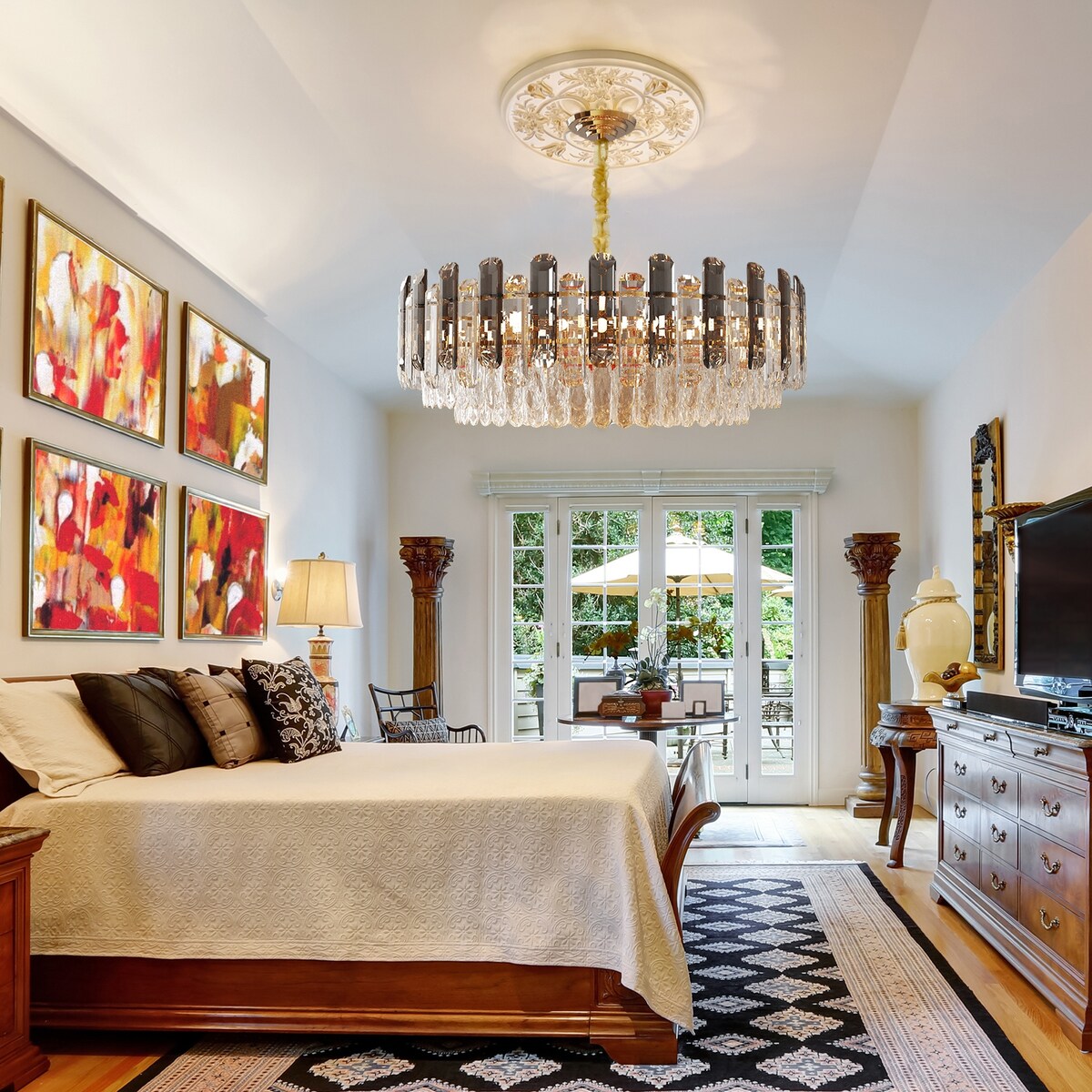 Lampadario da soffitto in cristallo brillante a strati rotondi con lampada a sospensione a 3 colori