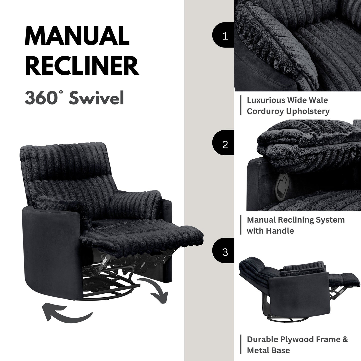 Poltrona reclinabile manuale con rivestimento in velluto a coste Wide Wale di Roundhill Furniture Bocaton