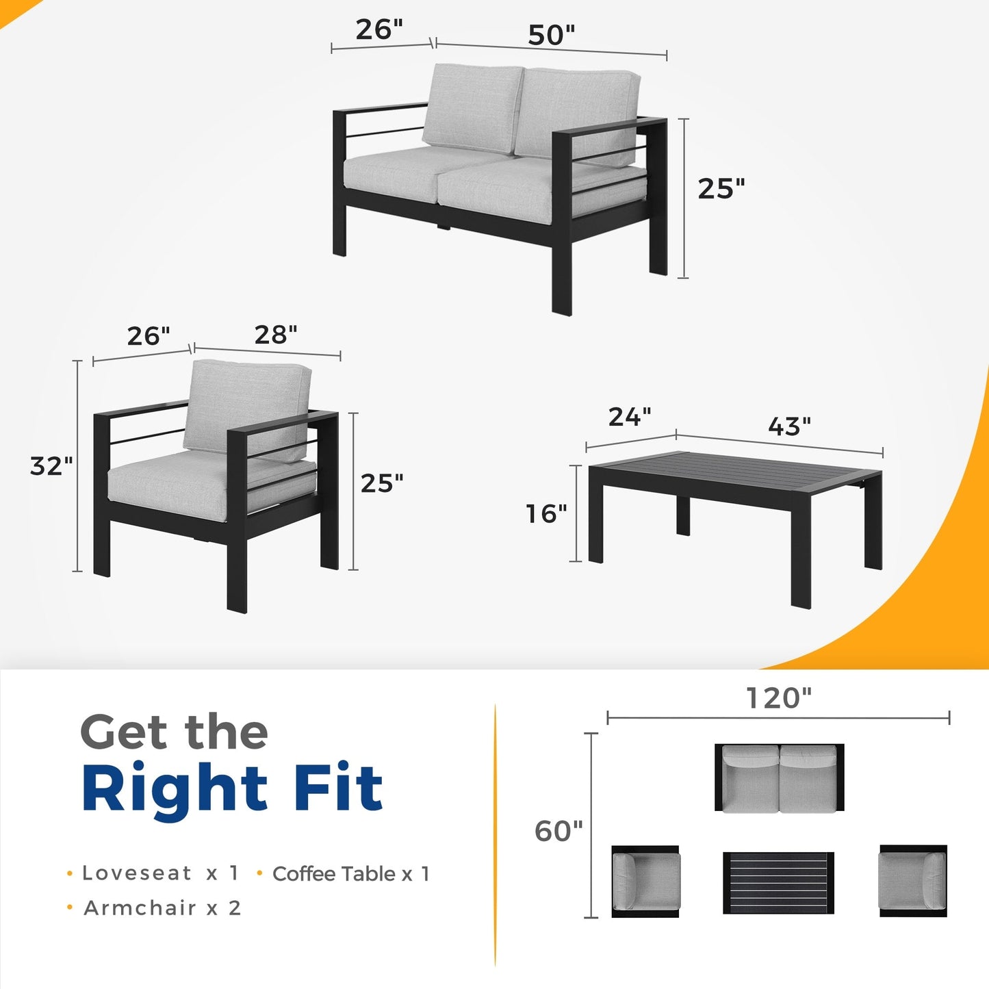 Set di mobili da esterno in alluminio Royalcraft da 4 pezzi