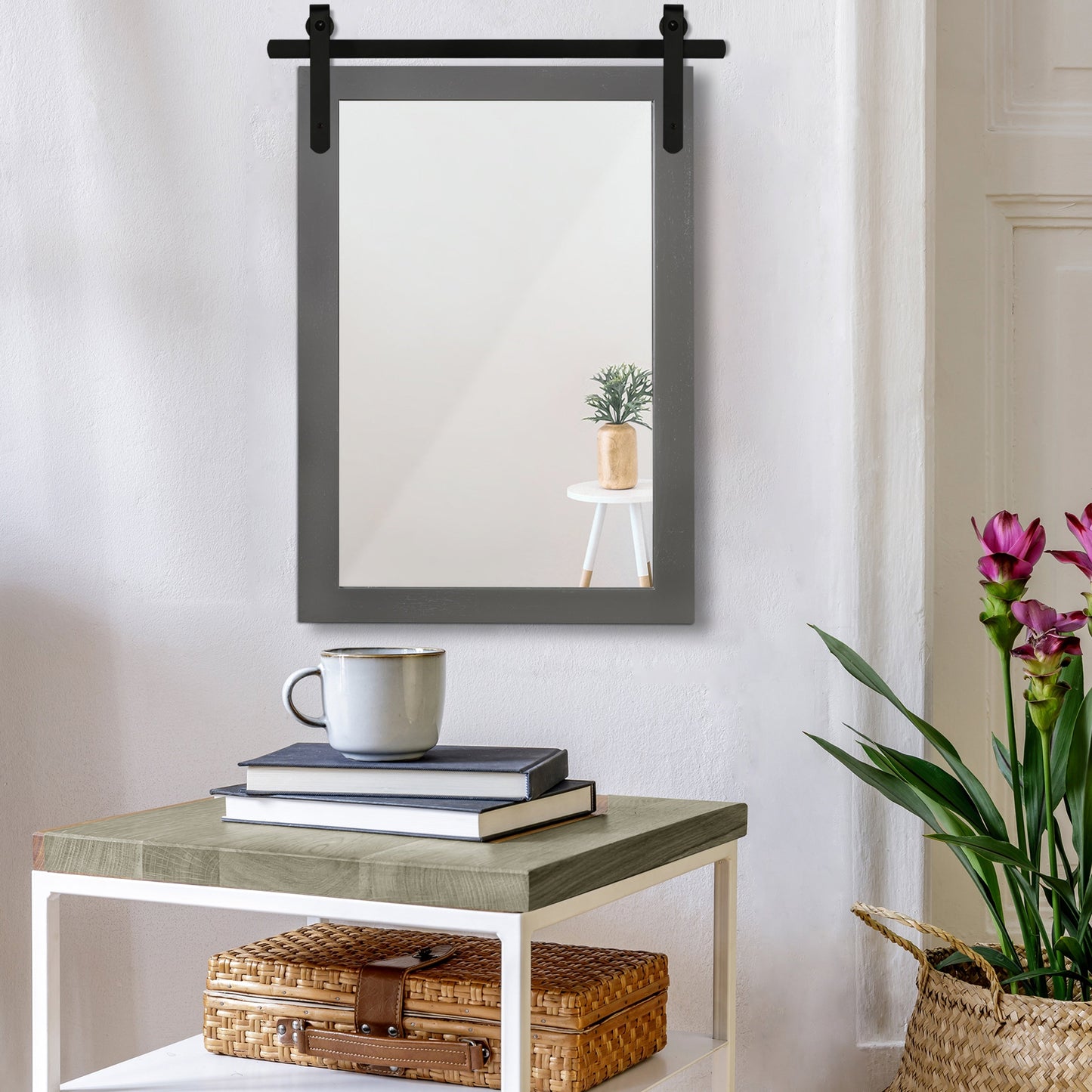 Specchio da toeletta rustico da fattoria, cornice in legno massello con specchio in stile fienile in metallo