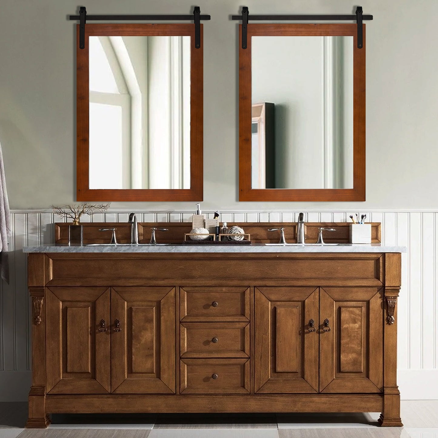 Specchio da toeletta rustico da fattoria, cornice in legno massello con specchio in stile fienile in metallo