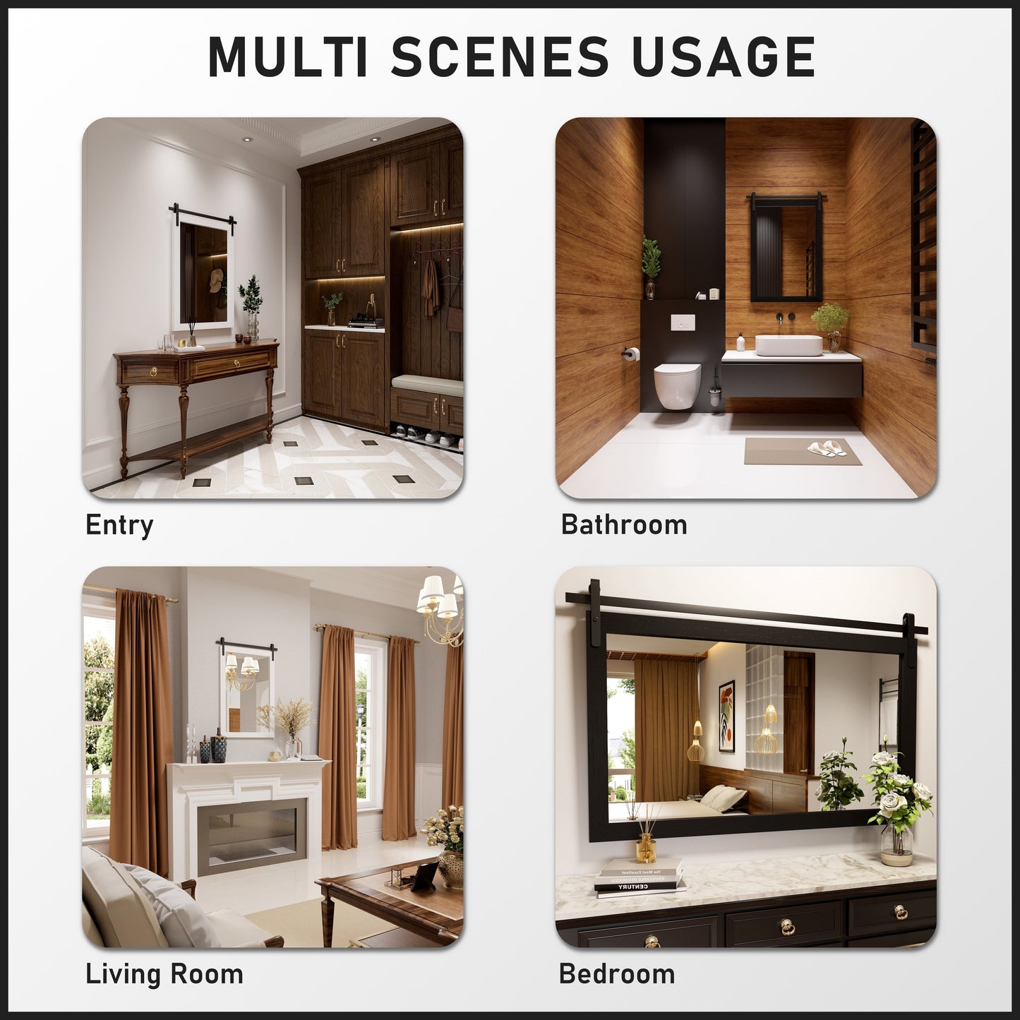 Specchio da toeletta rustico da fattoria, cornice in legno massello con specchio in stile fienile in metallo