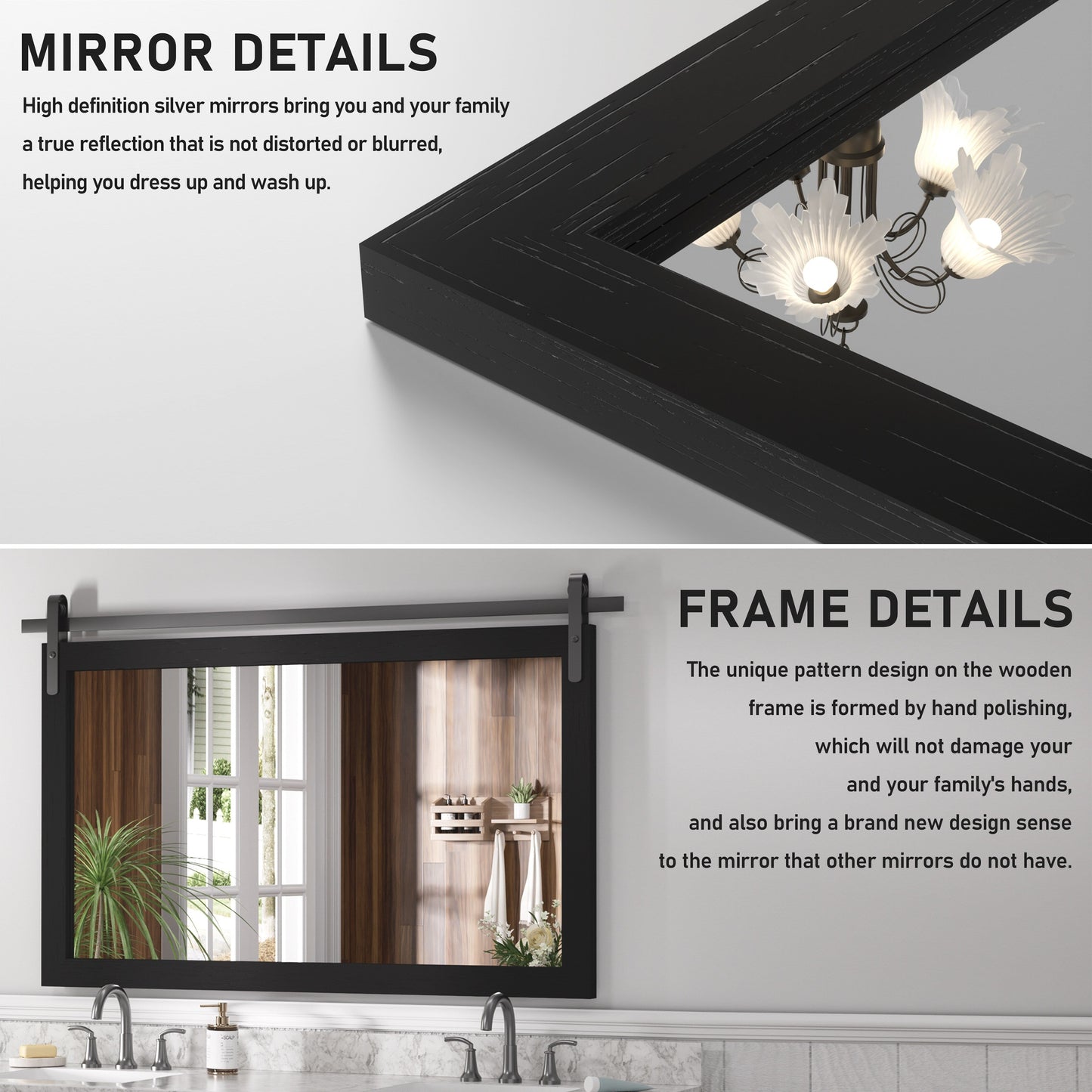 Specchio da toeletta rustico da fattoria, cornice in legno massello con specchio in stile fienile in metallo