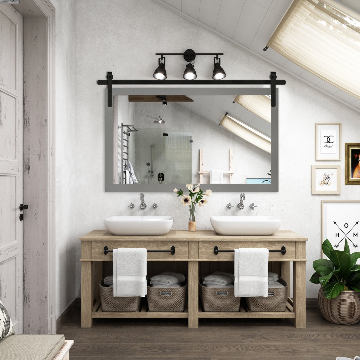 Specchio da toeletta rustico da fattoria, cornice in legno massello con specchio in stile fienile in metallo