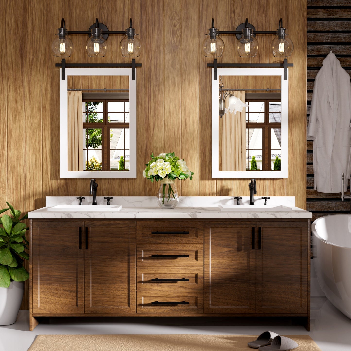 Specchio da toeletta rustico da fattoria, cornice in legno massello con specchio in stile fienile in metallo