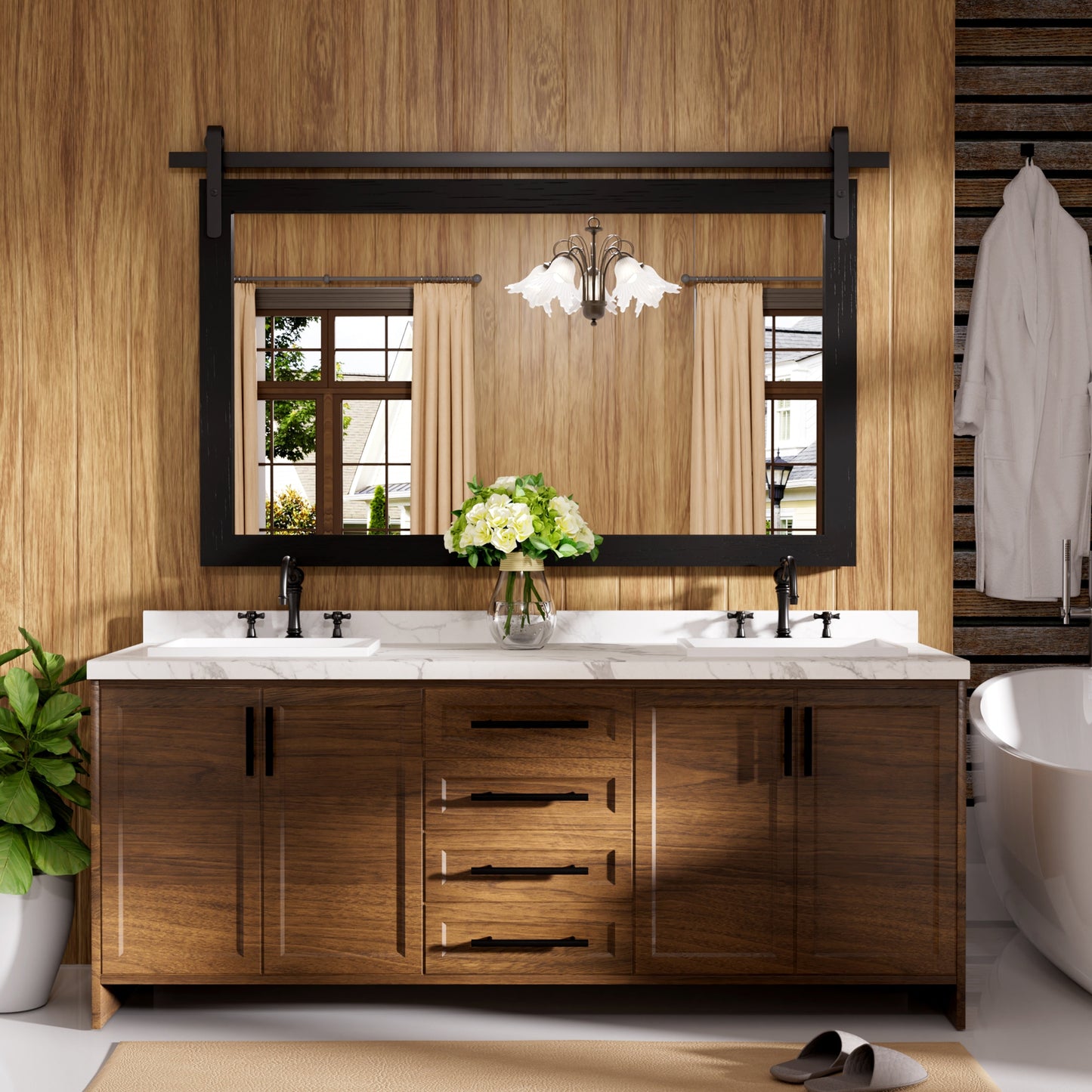 Specchio da toeletta rustico da fattoria, cornice in legno massello con specchio in stile fienile in metallo