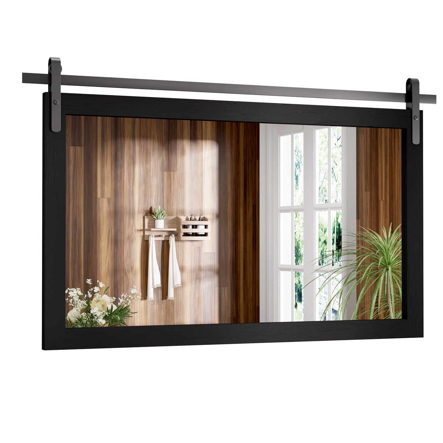 Specchio da toeletta rustico da fattoria, cornice in legno massello con specchio in stile fienile in metallo