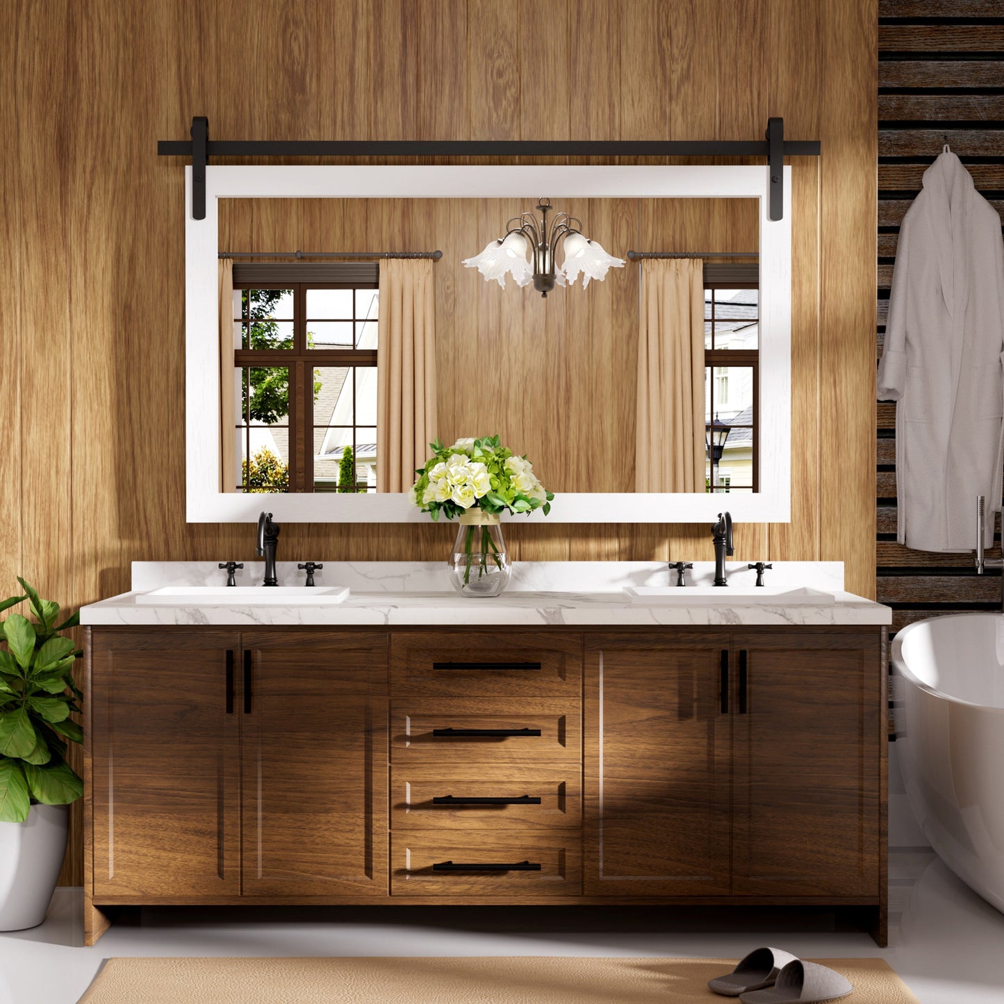 Specchio da toeletta rustico da fattoria, cornice in legno massello con specchio in stile fienile in metallo