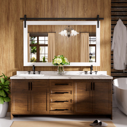 Specchio da toeletta rustico da fattoria, cornice in legno massello con specchio in stile fienile in metallo