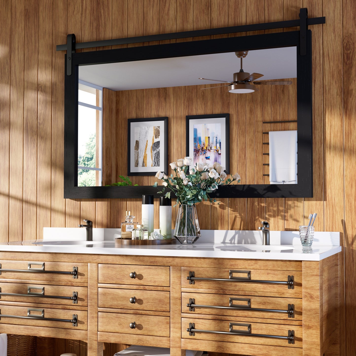 Specchio da toeletta rustico da fattoria, cornice in legno massello con specchio in stile fienile in metallo