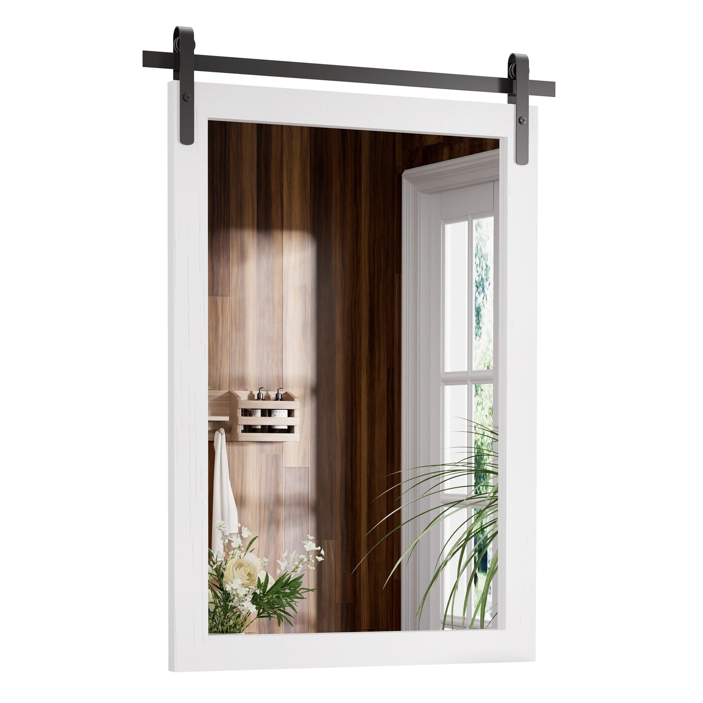 Specchio da toeletta rustico da fattoria, cornice in legno massello con specchio in stile fienile in metallo