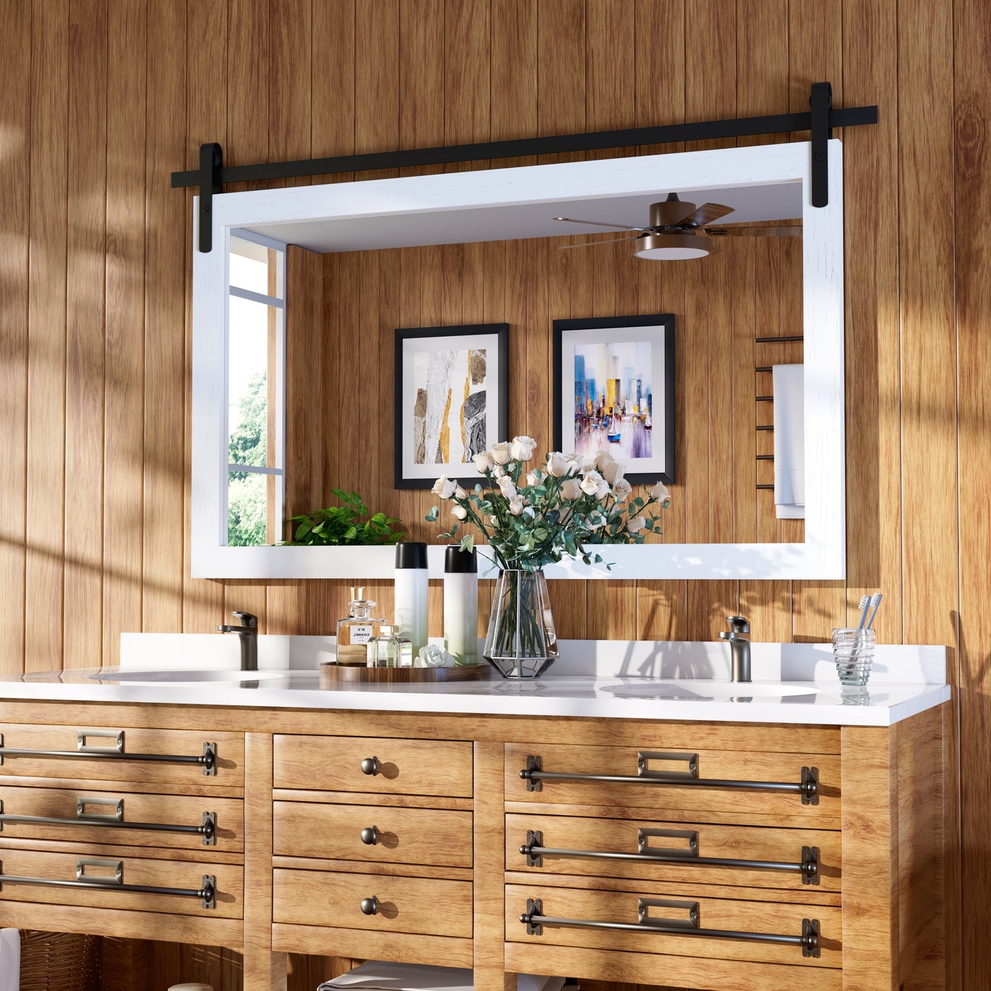 Specchio da toeletta rustico da fattoria, cornice in legno massello con specchio in stile fienile in metallo