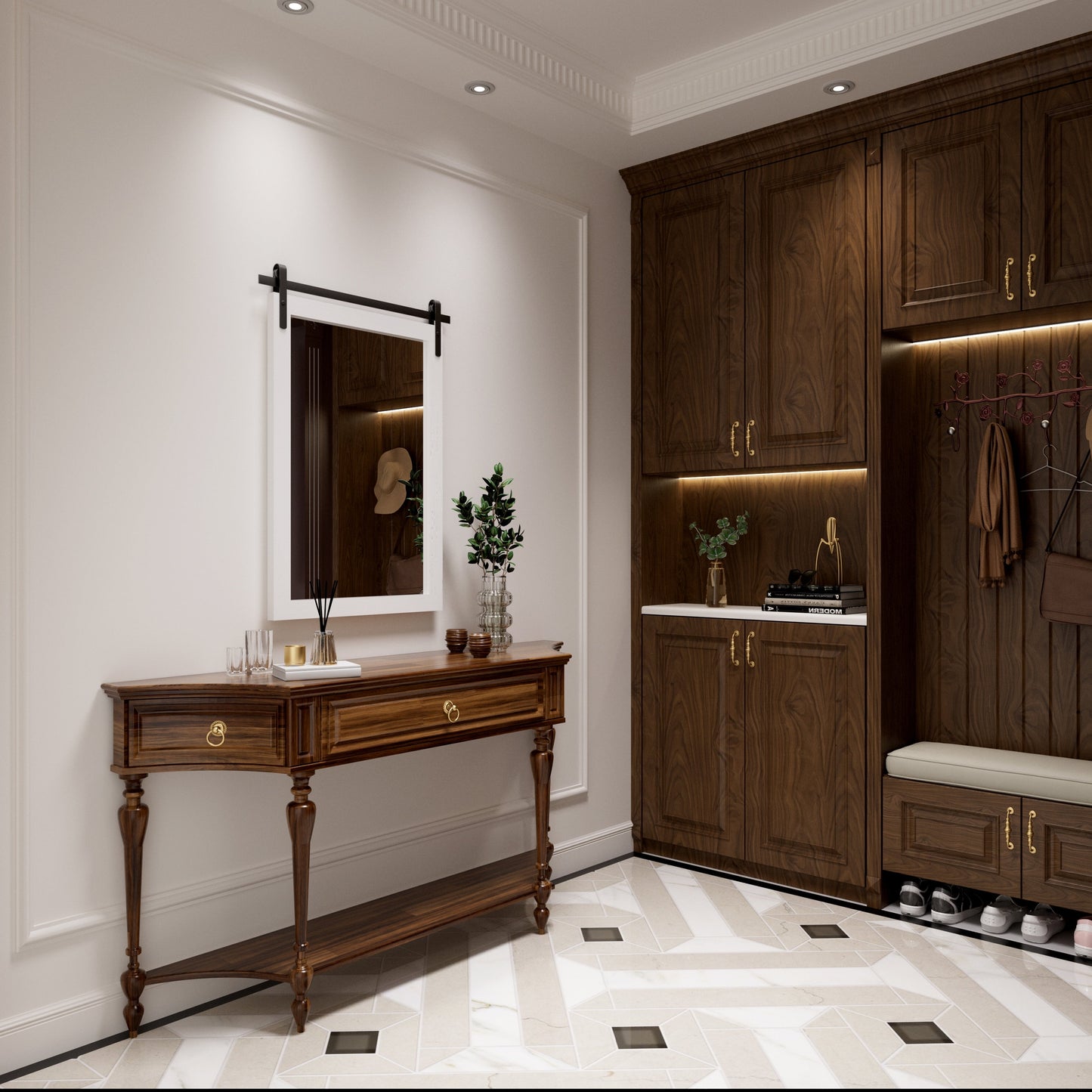 Specchio da toeletta rustico da fattoria, cornice in legno massello con specchio in stile fienile in metallo