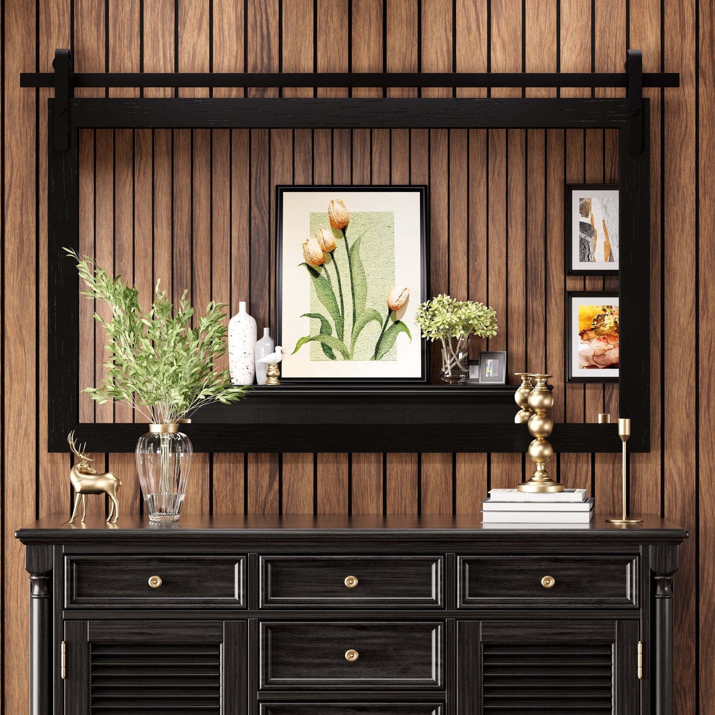 Specchio da toeletta rustico da fattoria, cornice in legno massello con specchio in stile fienile in metallo