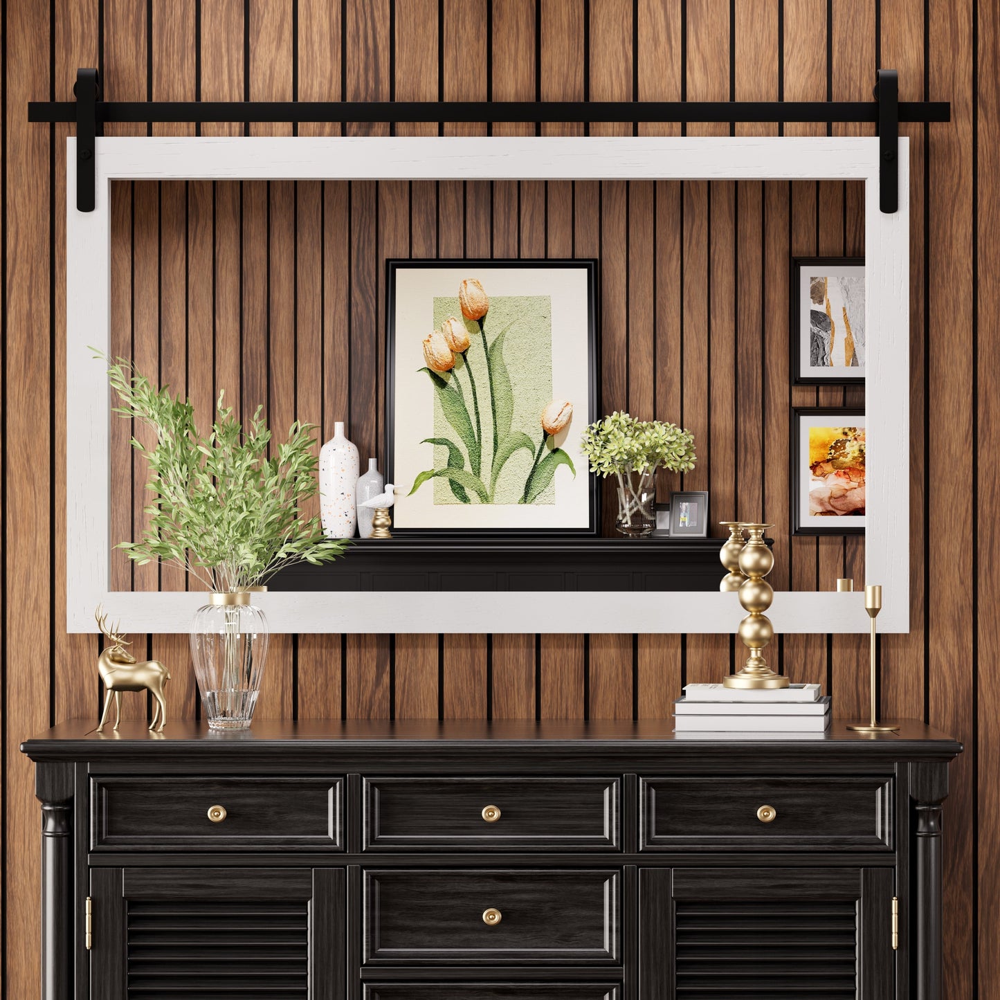 Specchio da toeletta rustico da fattoria, cornice in legno massello con specchio in stile fienile in metallo