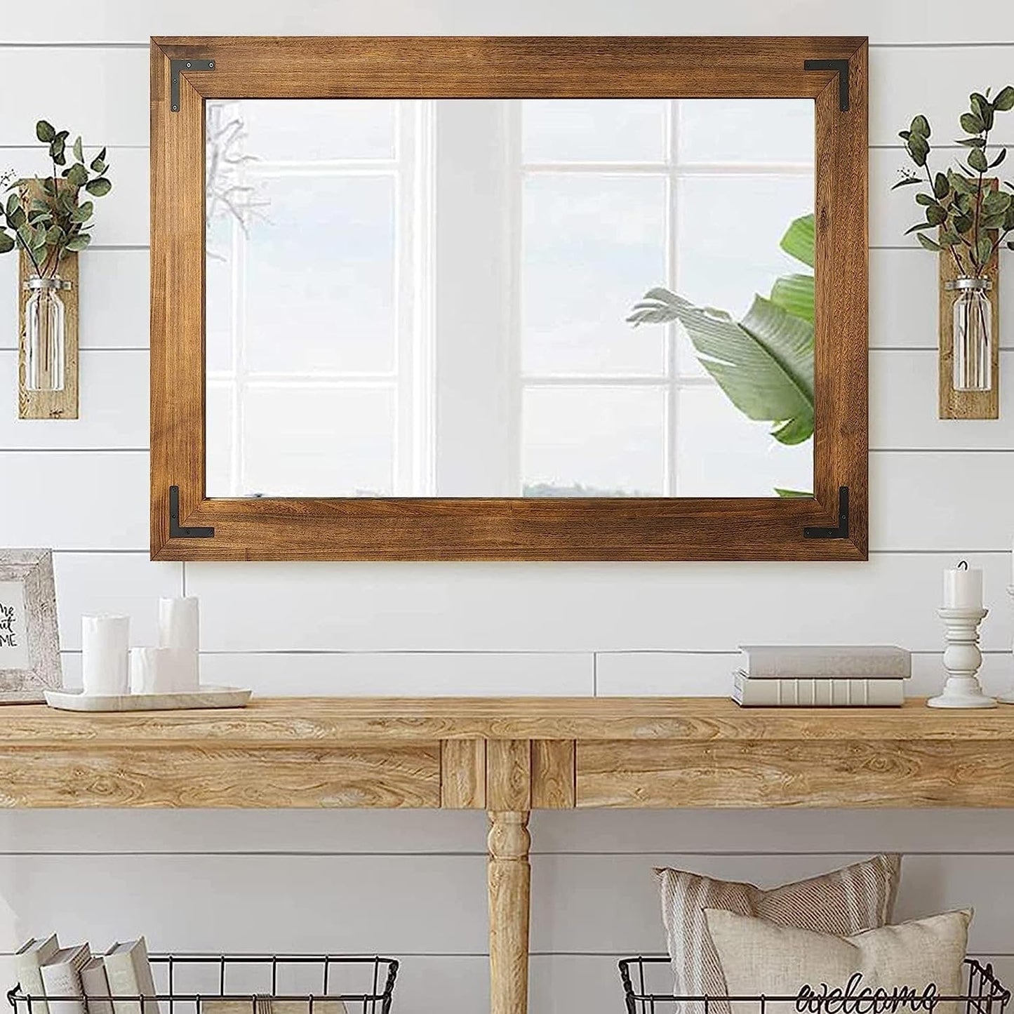 Specchio da parete con cornice in legno rustico, specchio da bagno in legno naturale