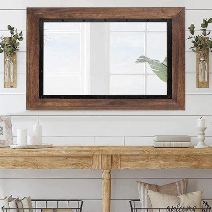 Specchio da bagno rustico con cornice in legno e ferro incastonato