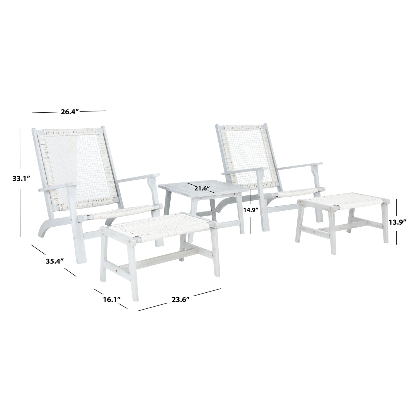SAFAVIEH Chantelle Outdoor Living, set di 2 sedie e sgabelli in legno massello (include tavolino) - 26L x 35P x 33A