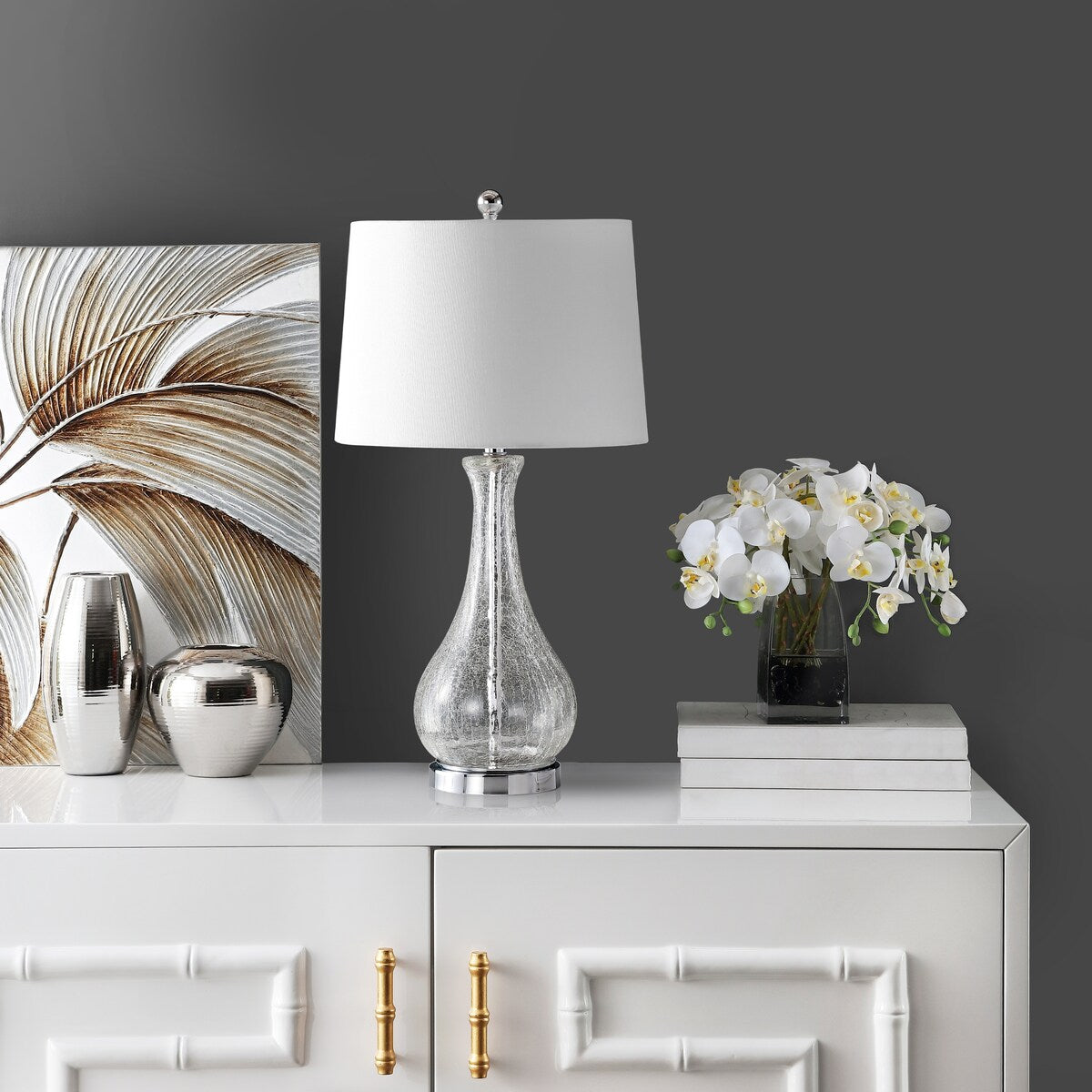 Lampada da tavolo a LED in vetro craquelé Elsgard di SAFAVIEH Lighting da 28 pollici - 14 L x 14 P x 28 A - 14 L x 14 P x 28 A