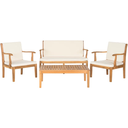 SAFAVIEH Outdoor Living Bradbury Brown Acacia Wood Set da patio con cuscini beige da 4 pezzi - 48L x 25P x 32A