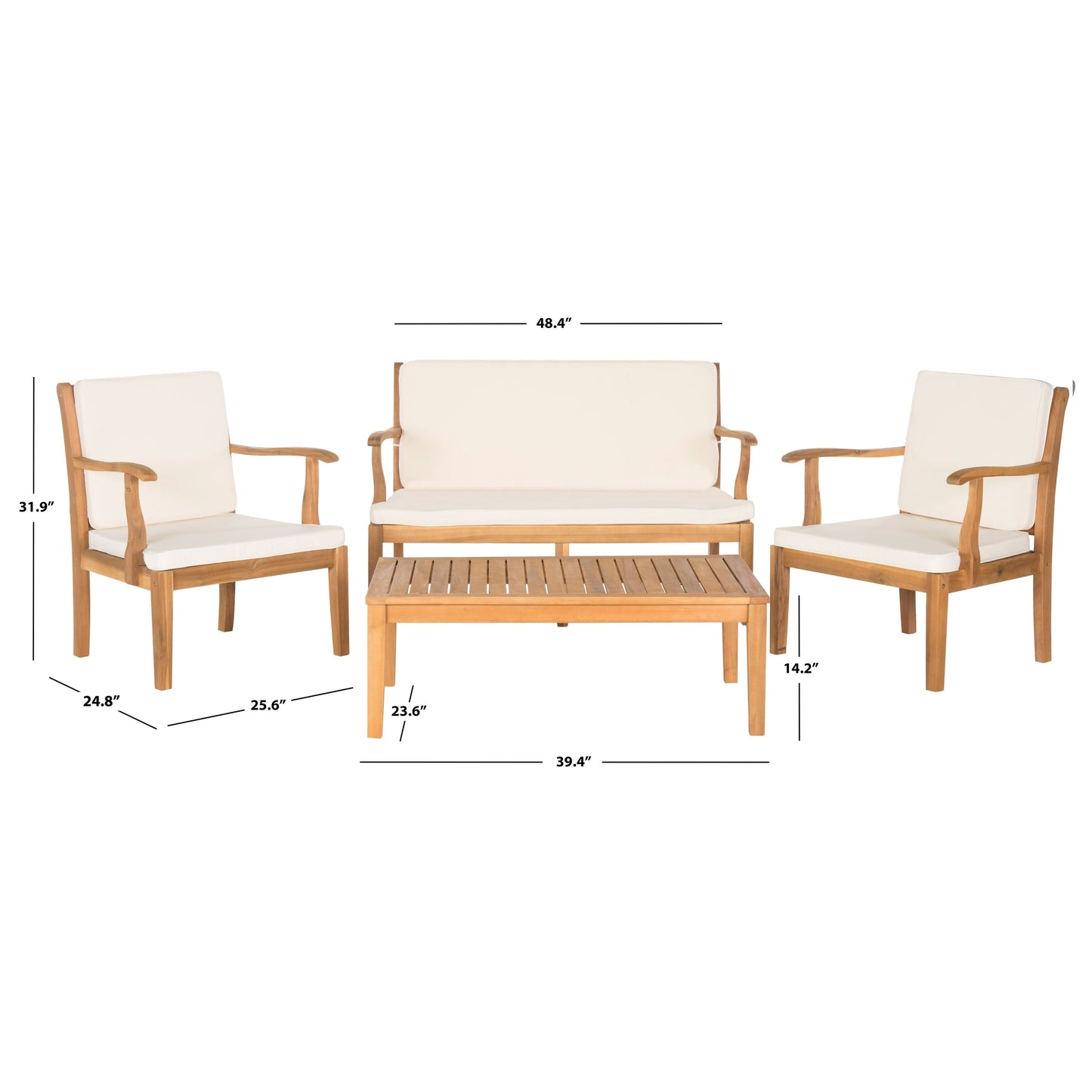 SAFAVIEH Outdoor Living Del Mar Set da patio con cuscini beige in legno di acacia marrone, 4 pezzi - 48L x 25P x 32A