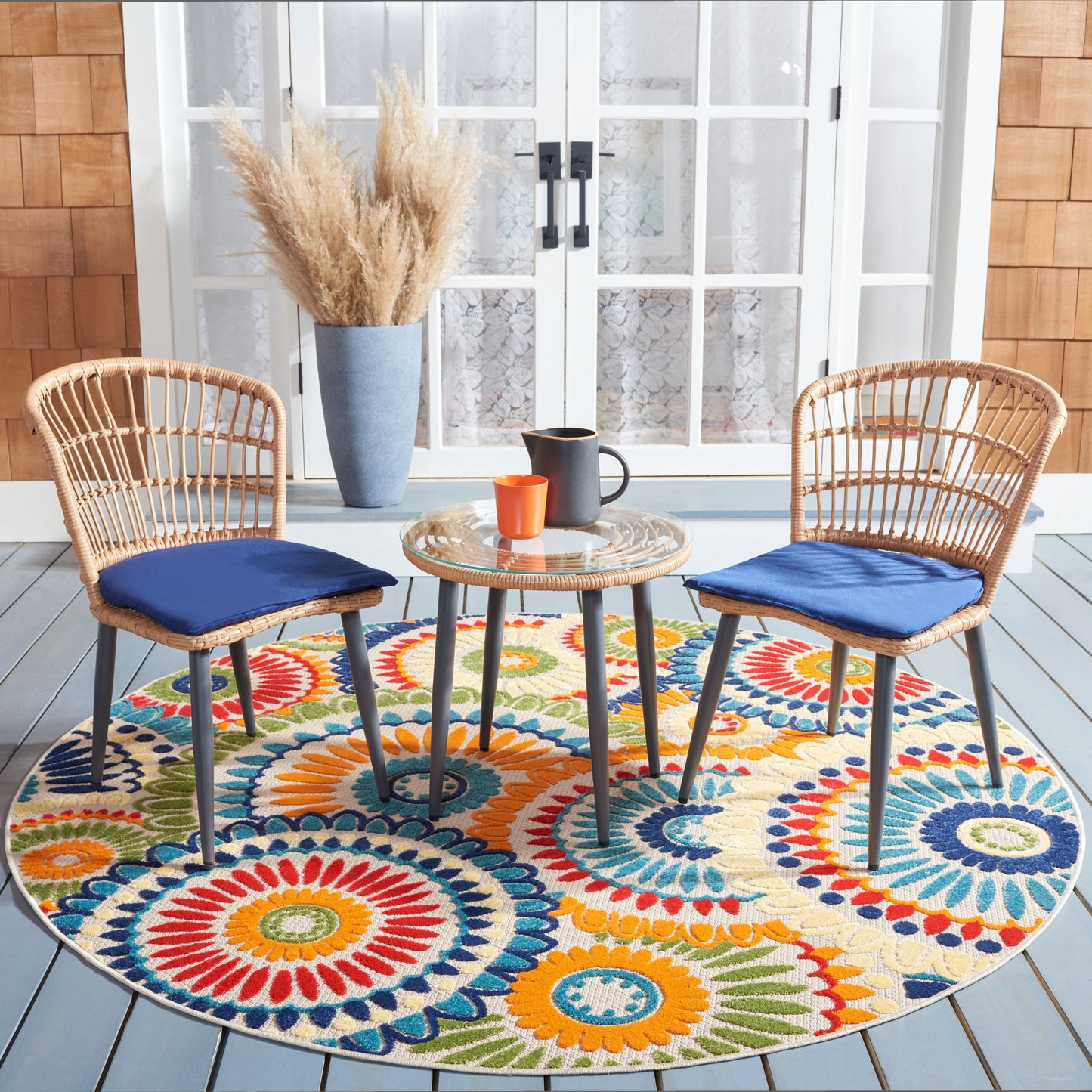 SAFAVIEH Outdoor Living Prenza Rattan Set da 3 pezzi per patio - Naturale/Blu navy - 21L x 24P x 32A